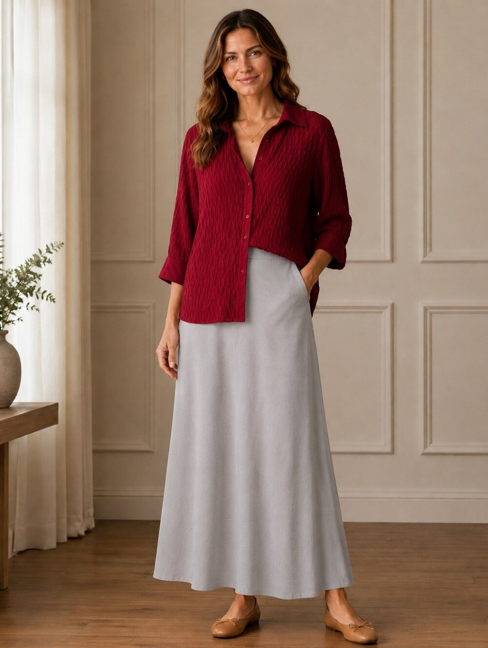 Apt. 9 Elegant Burgundy Women's Vintage Crinkle Blouse- Size: 1X